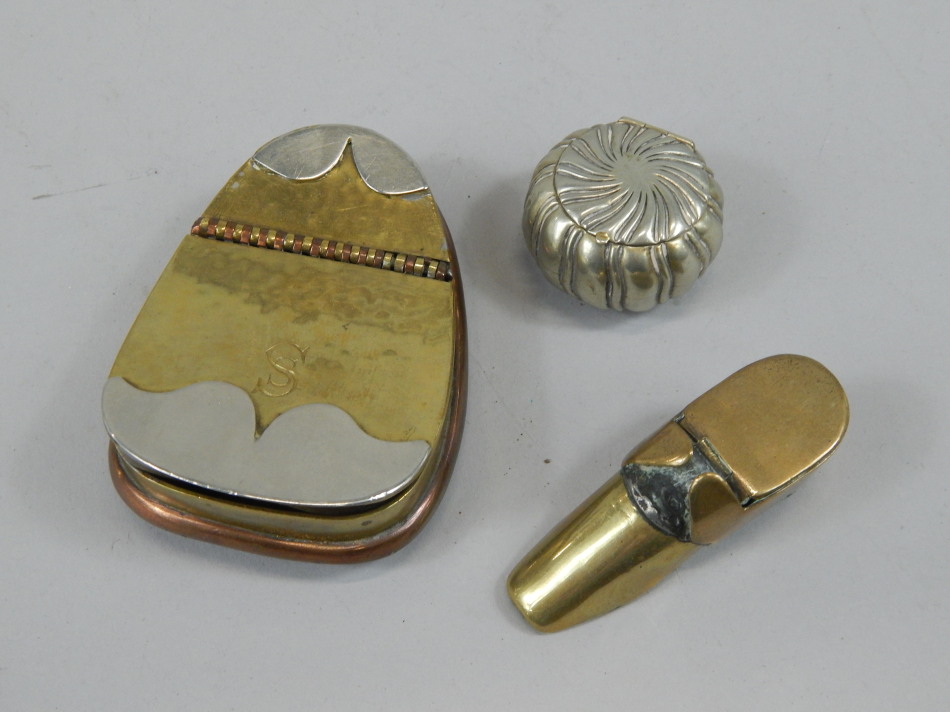 Appraisal: Three small boxes to include a brass and copper snuff