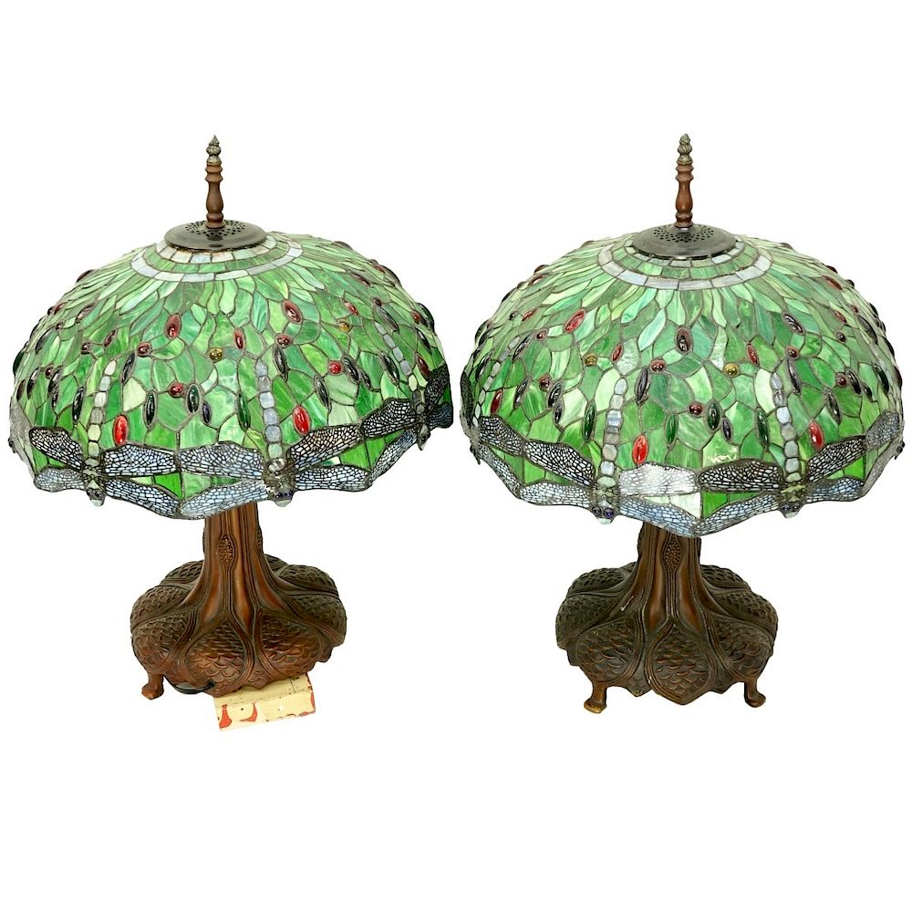 Appraisal: Tiffany Style Lamps Pair of Tiffany Style Leaded Glass Dragonfly