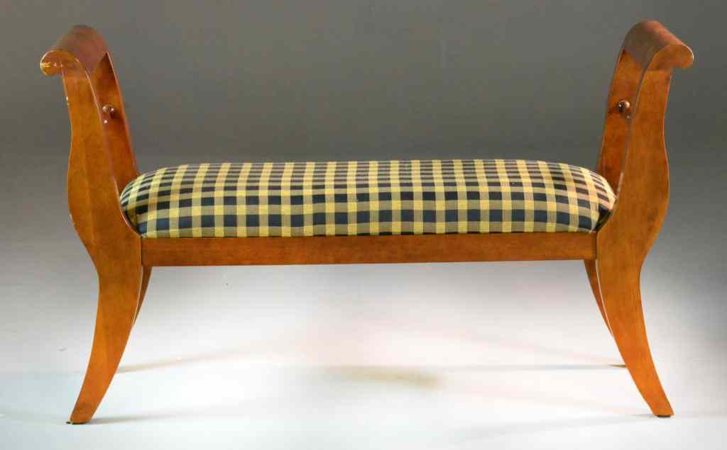 Appraisal: Upholstered Victorian Lyre-shaped BenchNicely upholstered in black and yellow checked