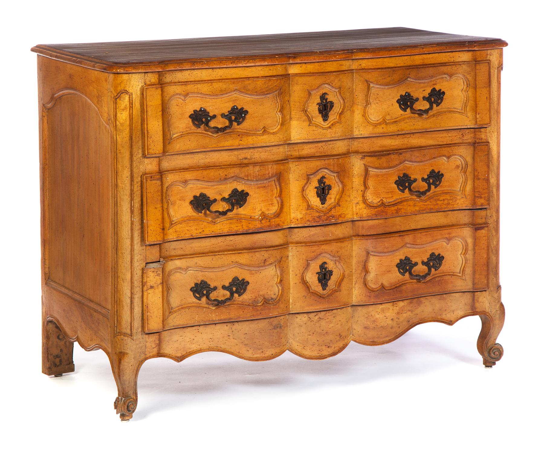 Appraisal: CONTINENTAL THREE-DRAWER CHEST WITH SHAPED FRONT Late th century in