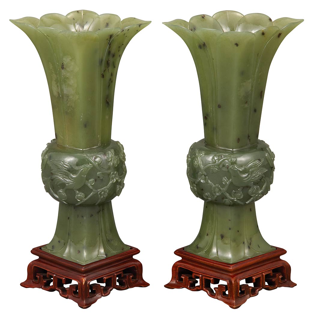 Appraisal: Pair of Chinese Celadon Jade Vases Each gu-form with rounded