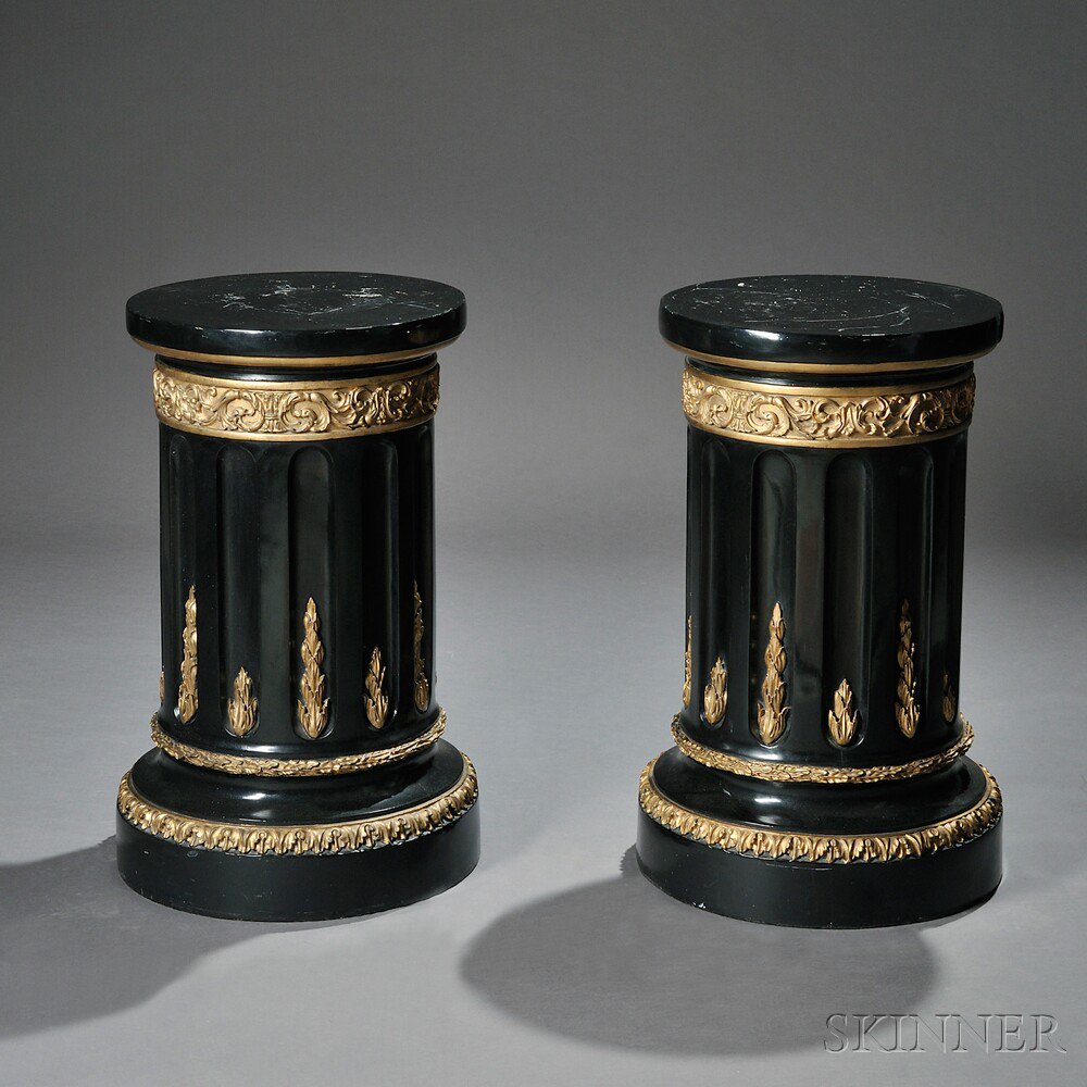 Appraisal: Pair of Ebonized and Gilded Wood Pedestals late th early