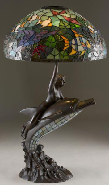 Appraisal: Leaded Glass and Bronze Table Lamp a Mermaid riding a