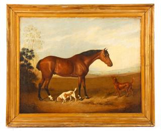 Appraisal: British School Horse and Hunting Dogs Oil British School late