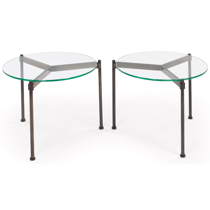 Appraisal: Ward Bennett occasional tables pair bronze three-leg bases with tri-form