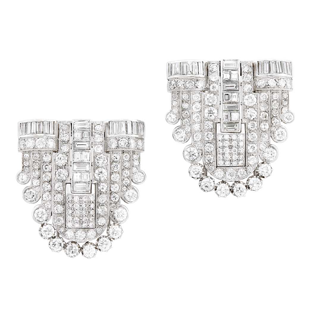 Appraisal: Pair of Platinum and Diamond Clips round single-cut baguette square-cut