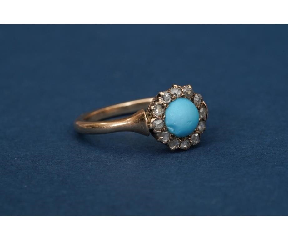 Appraisal: kt gold turquoise ring with rose cut diamonds diamond mm