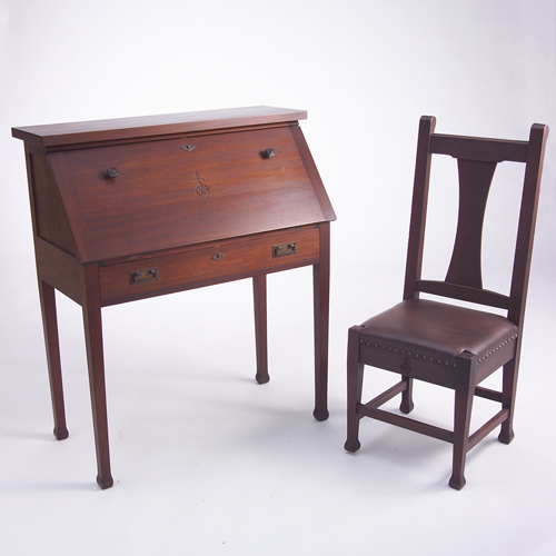 Appraisal: ROYCROFT Mahogany drop-front writing desk and chair with Macmurdo feet