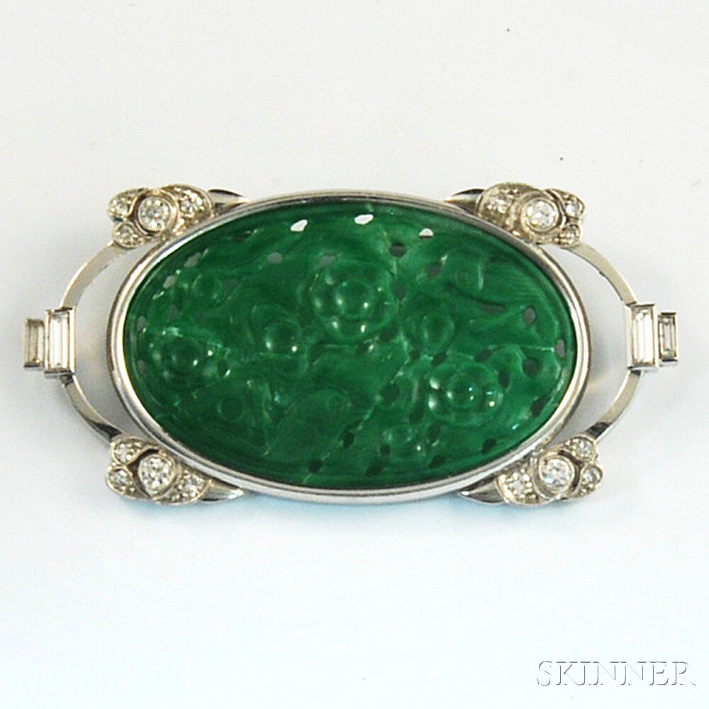 Appraisal: Platinum Jade and Diamond Brooch the carved and pierced jade