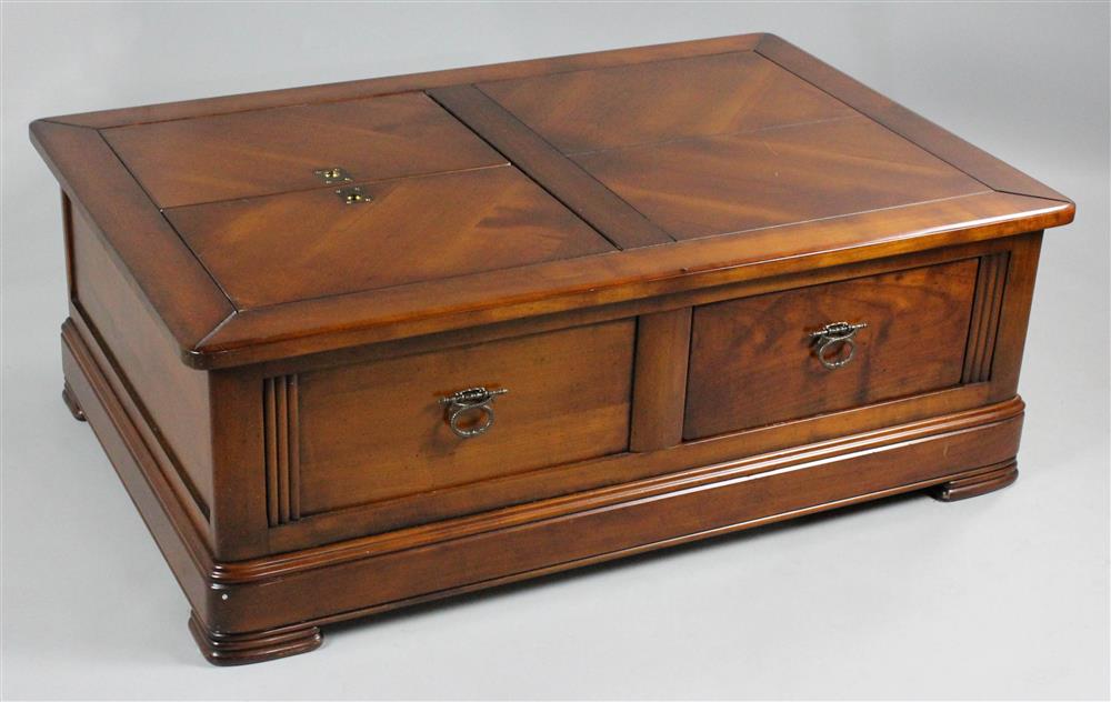 Appraisal: LARGE WOOD COFFEE TABLE WITH DRAWERS AND TOP COMPARTMENT molded