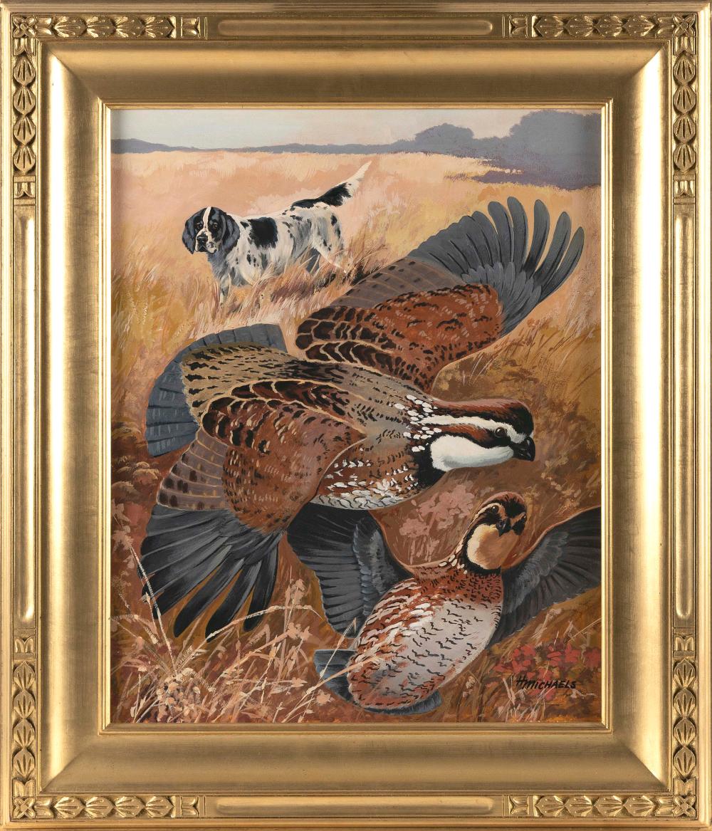 Appraisal: PAINTING OF A SETTER AND TWO BOBWHITE QUAIL MID- TH