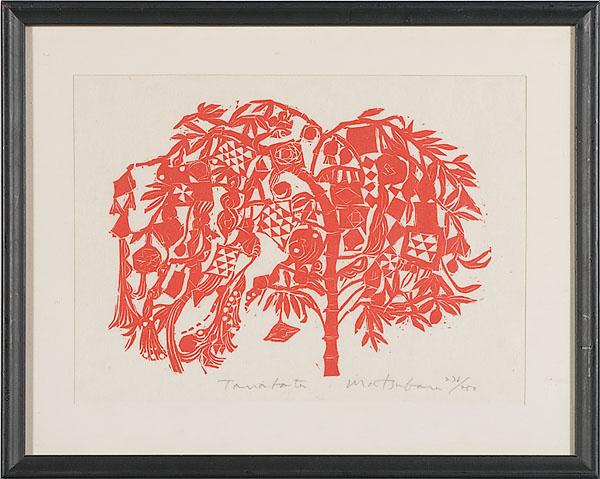 Appraisal: WOODBLOCK BY TANATATA MATSUBARU A monochrome woodblock in red numbered