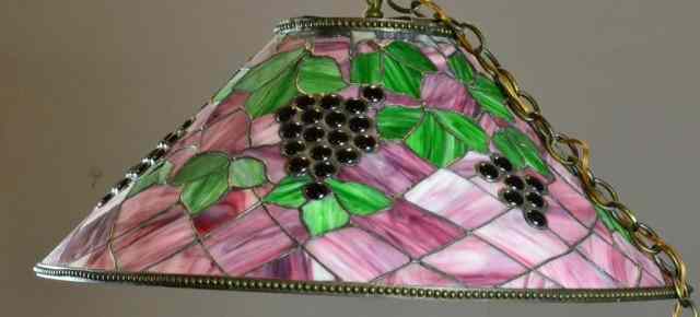 Appraisal: Large Stained Glass Lamp Fixture - GrapevineVery nice colored glass