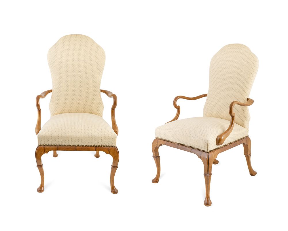 Appraisal: A Pair of Queen Anne Style Upholstered Walnut Armchairs Height