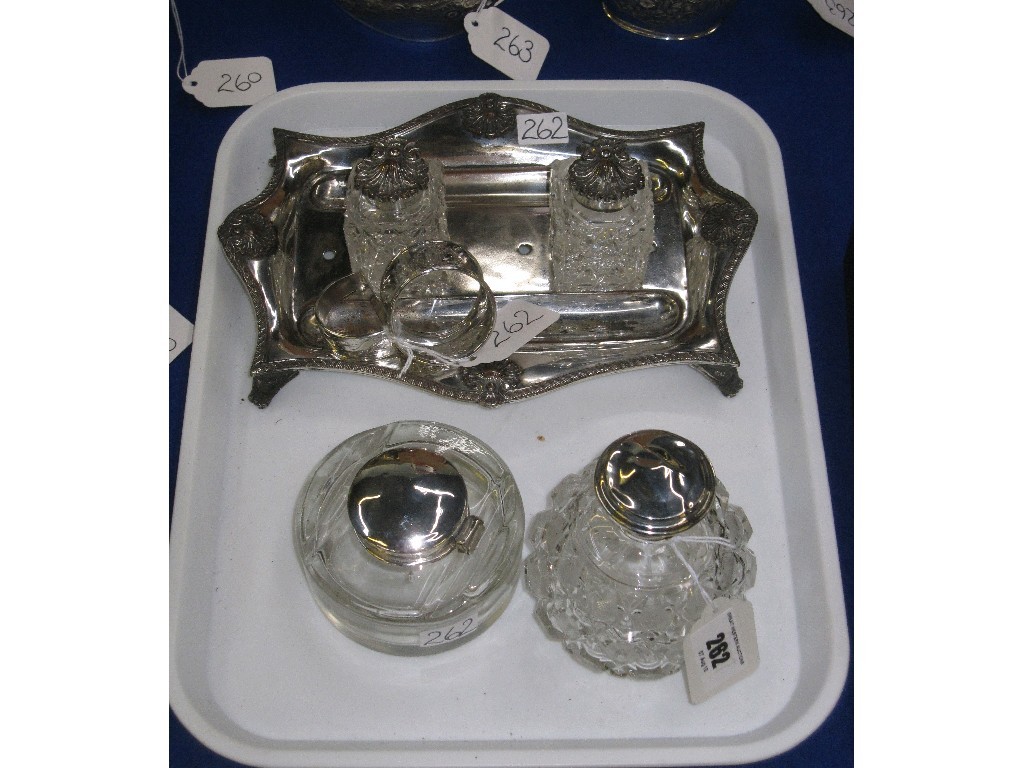 Appraisal: Lot comprising silver topped scent bottle inkwell two silver napkin