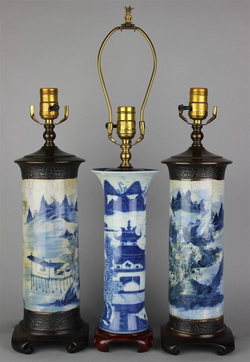 Appraisal: THREE CHINESE BLUE AND WHITE VASES MOUNTED AS TABLE LAMPS