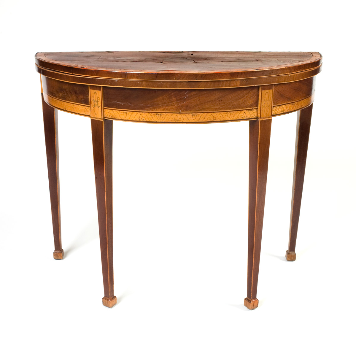 Appraisal: ENGLISH HEPPLEWHITE INLAID MAHOGANY DEMI-LUNE CARD TABLE The demi-lune hinged