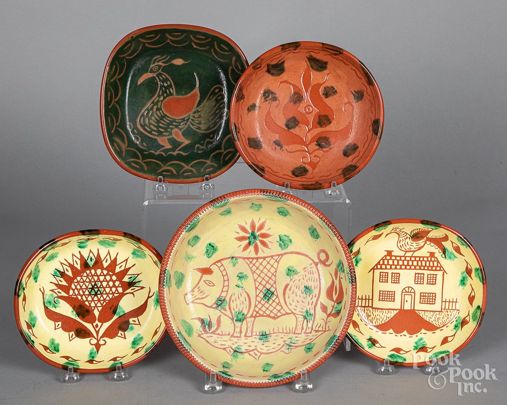 Appraisal: Five Seagreaves sgrafitto redware dishes Five Seagreaves sgrafitto redware dishes