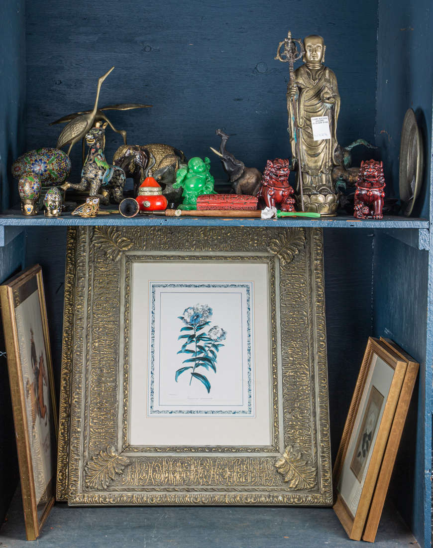 Appraisal: SHELF LOT OF ASIAN DECORATIONS COMPRISING A STANDING GILT METAL