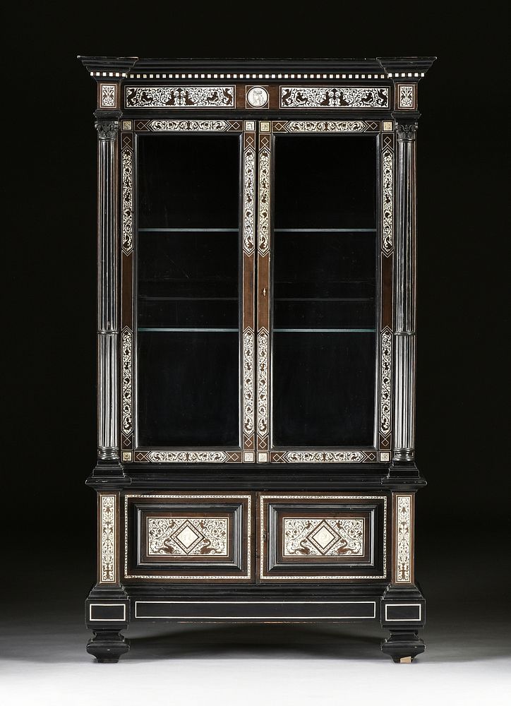 Appraisal: A NORTH ITALIAN MARQUETRY INLAID EBONIZED VITRINE CABINET - A