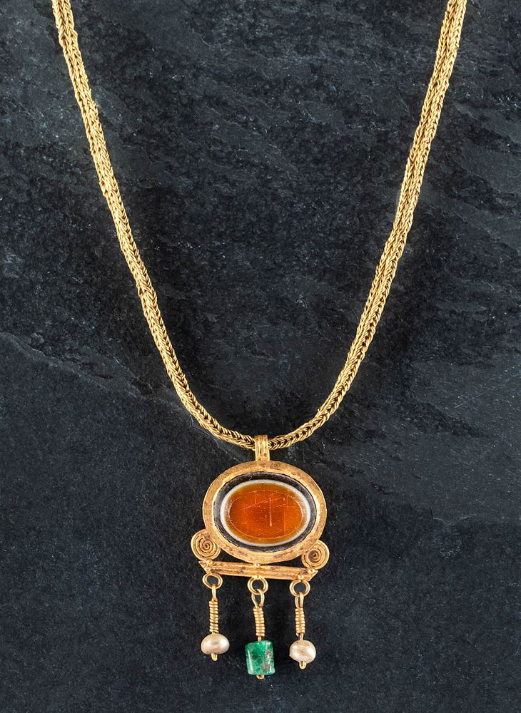 Appraisal: Greek K Gold Necklace w Sardonyx Pearl Emerald Greek Hellenistic