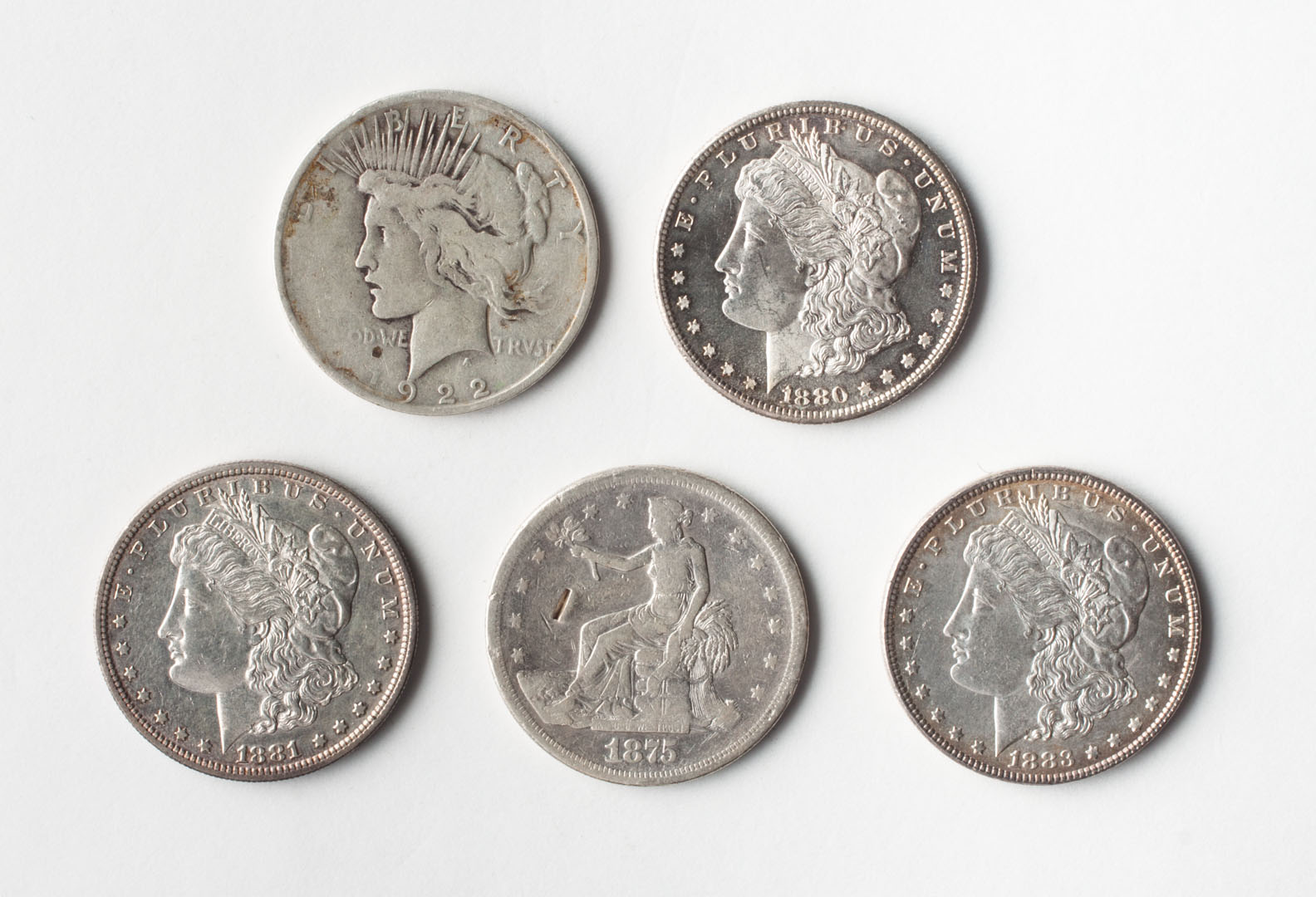 Appraisal: United States Five silver dollars comprising a Trade dollar -S