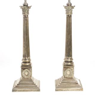 Appraisal: Pair silver plated Corinthian column lamps Pair silver plated Corinthian