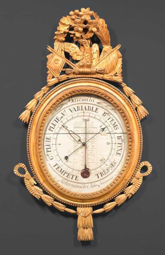 Appraisal: BAROMETER-THERMOMETER Louis XVI France th century Carved and gilt wood