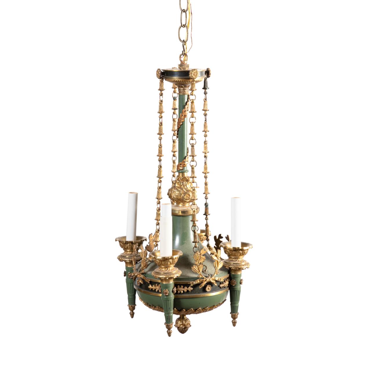 Appraisal: EMPIRE-STYLE FOUR-LIGHT GREEN GILT CHANDLELIER French green paint decorated four-light