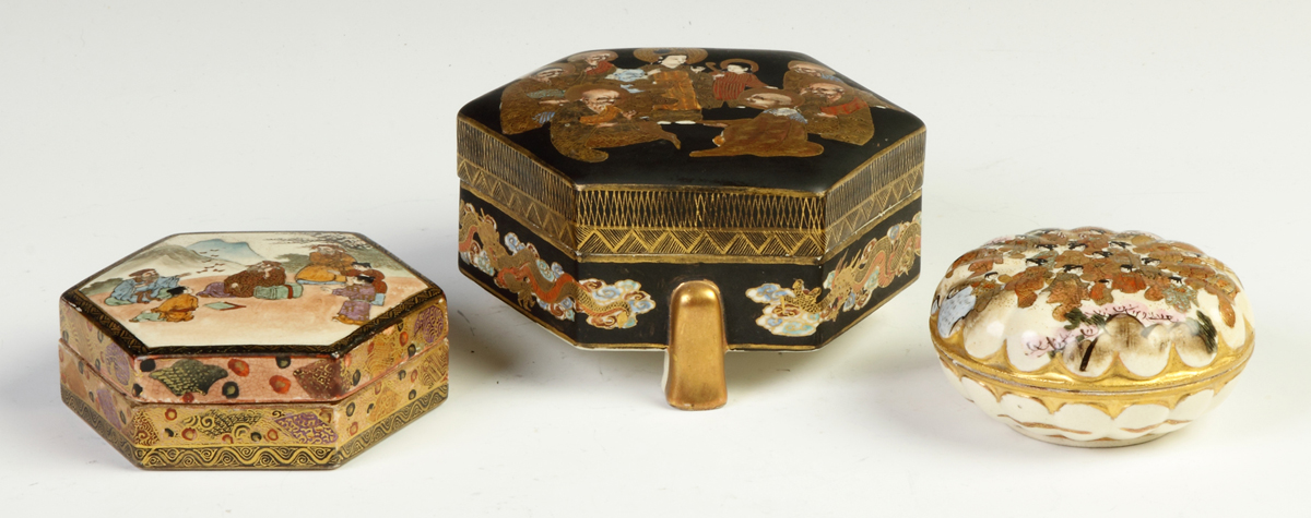 Appraisal: Three Satsuma Covered Boxes C All signed Hand painted enameled