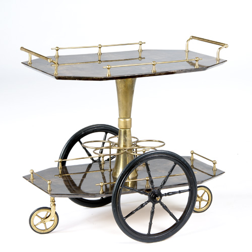 Appraisal: ALDO TURA Bar cart in dyed brown parchment with brass