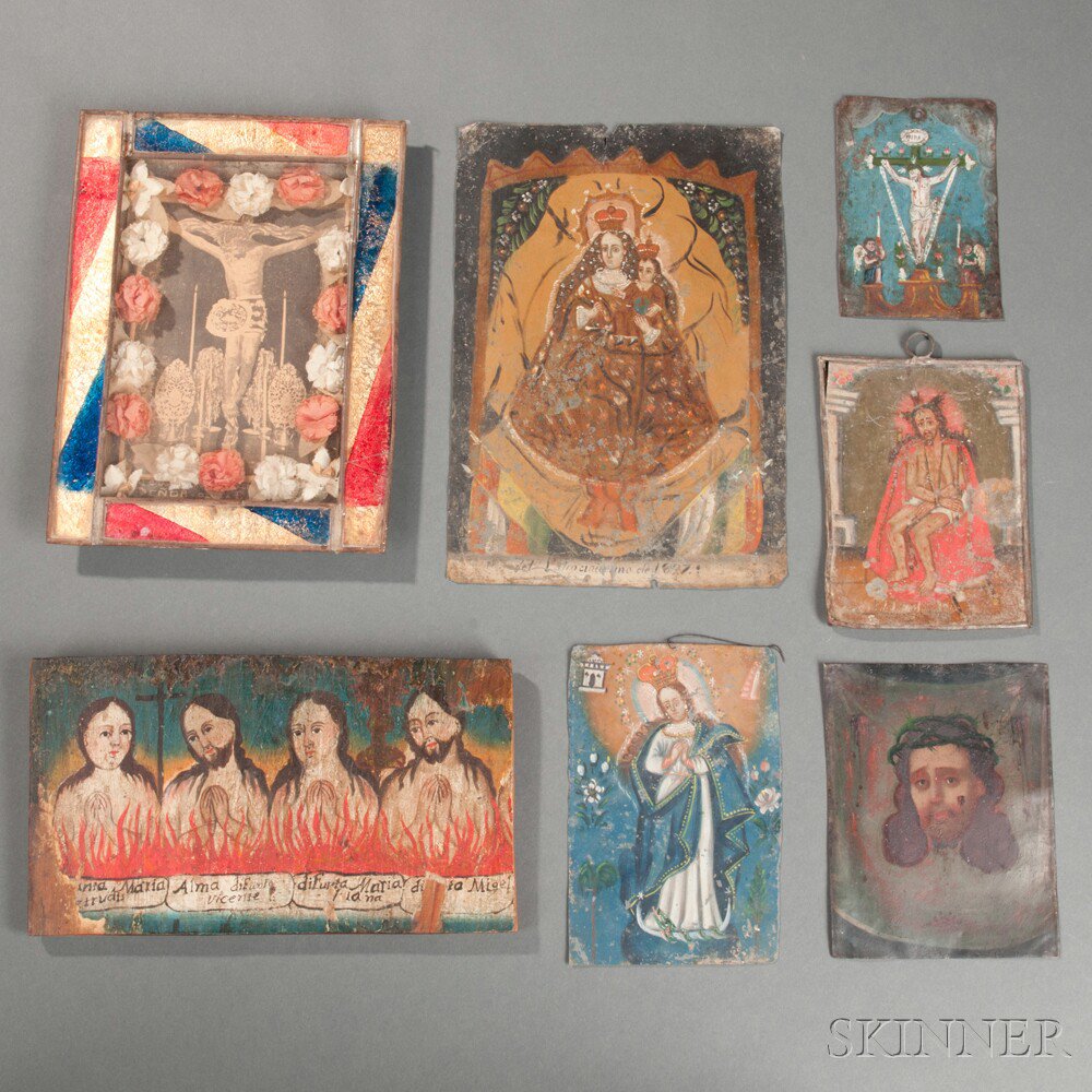 Appraisal: Seven Hispanic Retablos five of polychrome tin one on wood