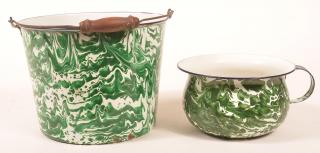 Appraisal: Two Pieces of Green Large Swirl Granite Ware Large water