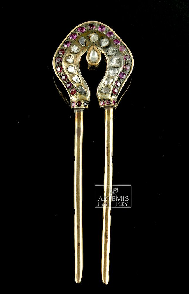 Appraisal: th C Sri Lanka Diamond Ruby Hair Pin Sri Lanka