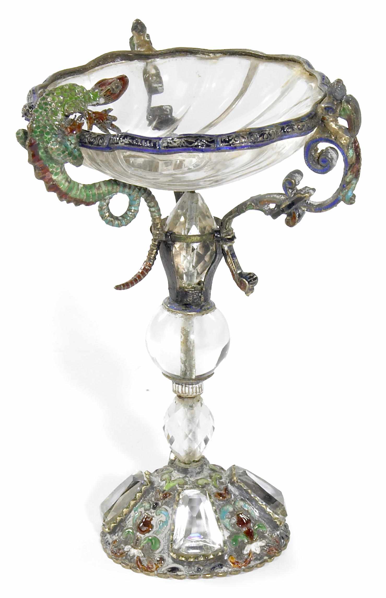 Appraisal: A Continental silver gilt enamel and rock crystal pedestal salt