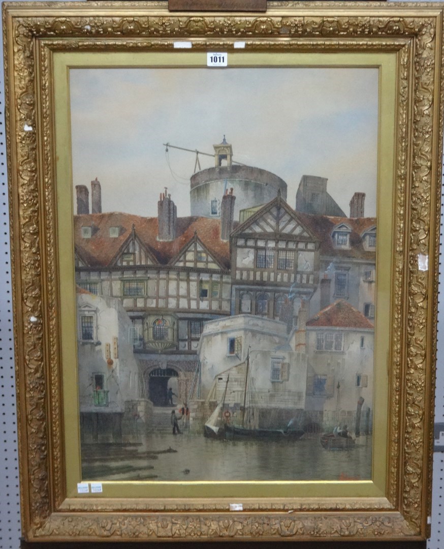 Appraisal: James Lawson Stewart - Buildings on the riverside watercolour signed