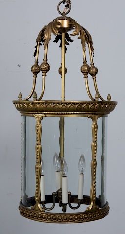 Appraisal: Brass Hanging Lantern Gilt brass hallway porch lantern with four