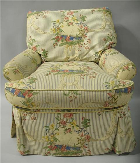 Appraisal: SCALAMANDRE UPHOLSTERED ARMCHAIR The tight back with loose cushion above