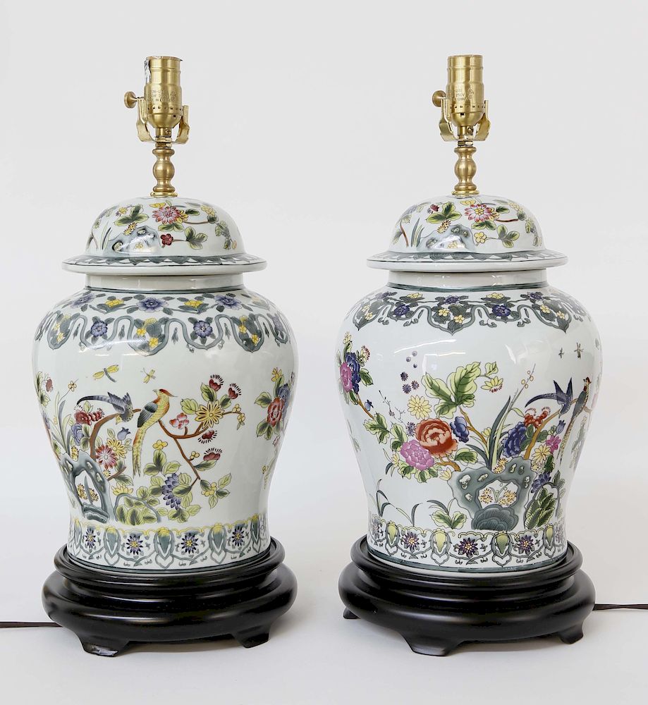 Appraisal: Pair of Chinese Porcelain Temple Jar Lamps Pair of Chinese