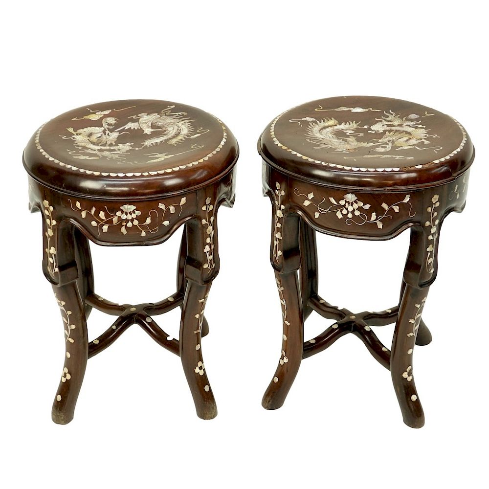 Appraisal: Chinese MOP Stools Pair of Chinese Mother of Pearl Inlaid