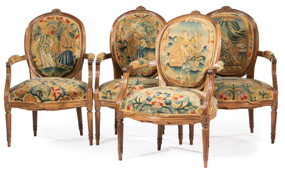 Appraisal: Four Louis XVI Walnut Fauteuils th c with Beauvais needlepoint