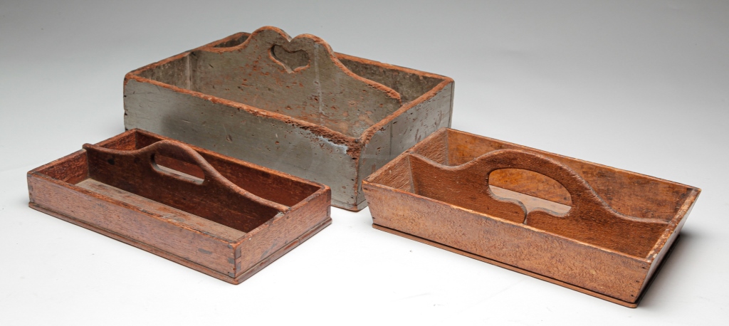 Appraisal: THREE AMERICAN CUTLERY TRAYS Second half th century Walnut dovetailed