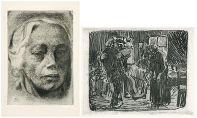 Appraisal: Two Kathe Kollwitz etchings Germany - self-portrait plate - x