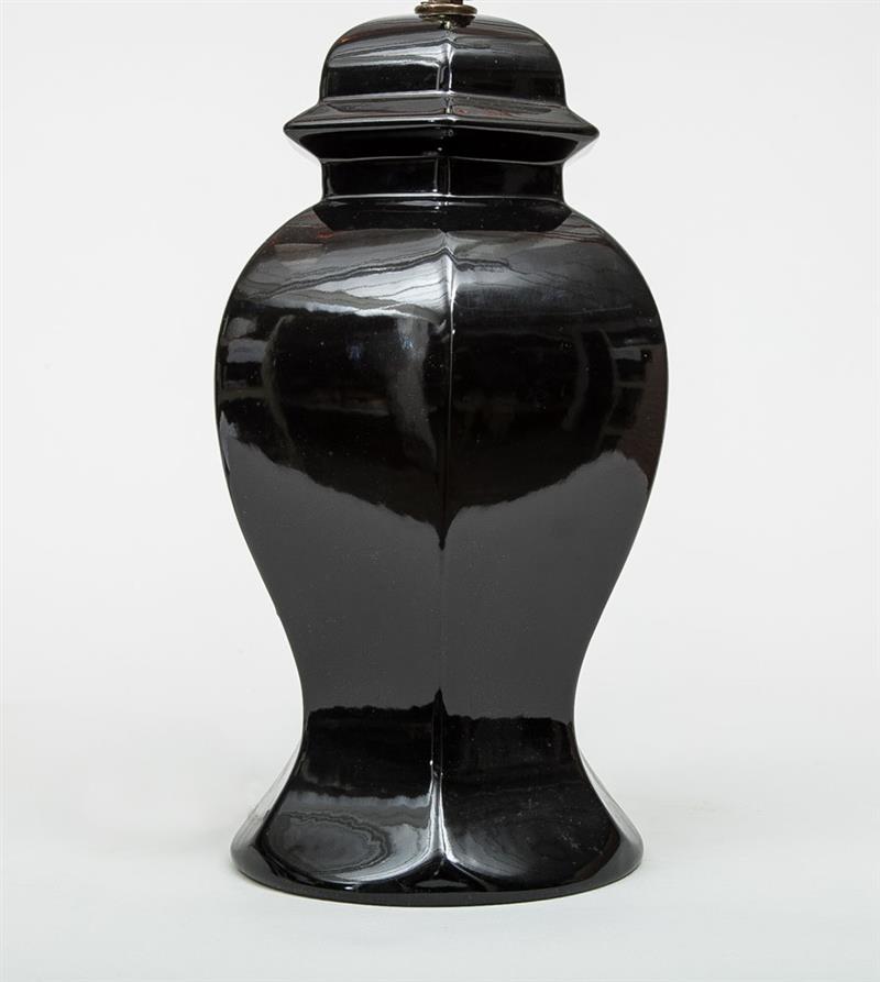 Appraisal: Chinoiserie Mirror-Black Glazed Pottery Hexagonal Baluster-Form Table Lamp and in