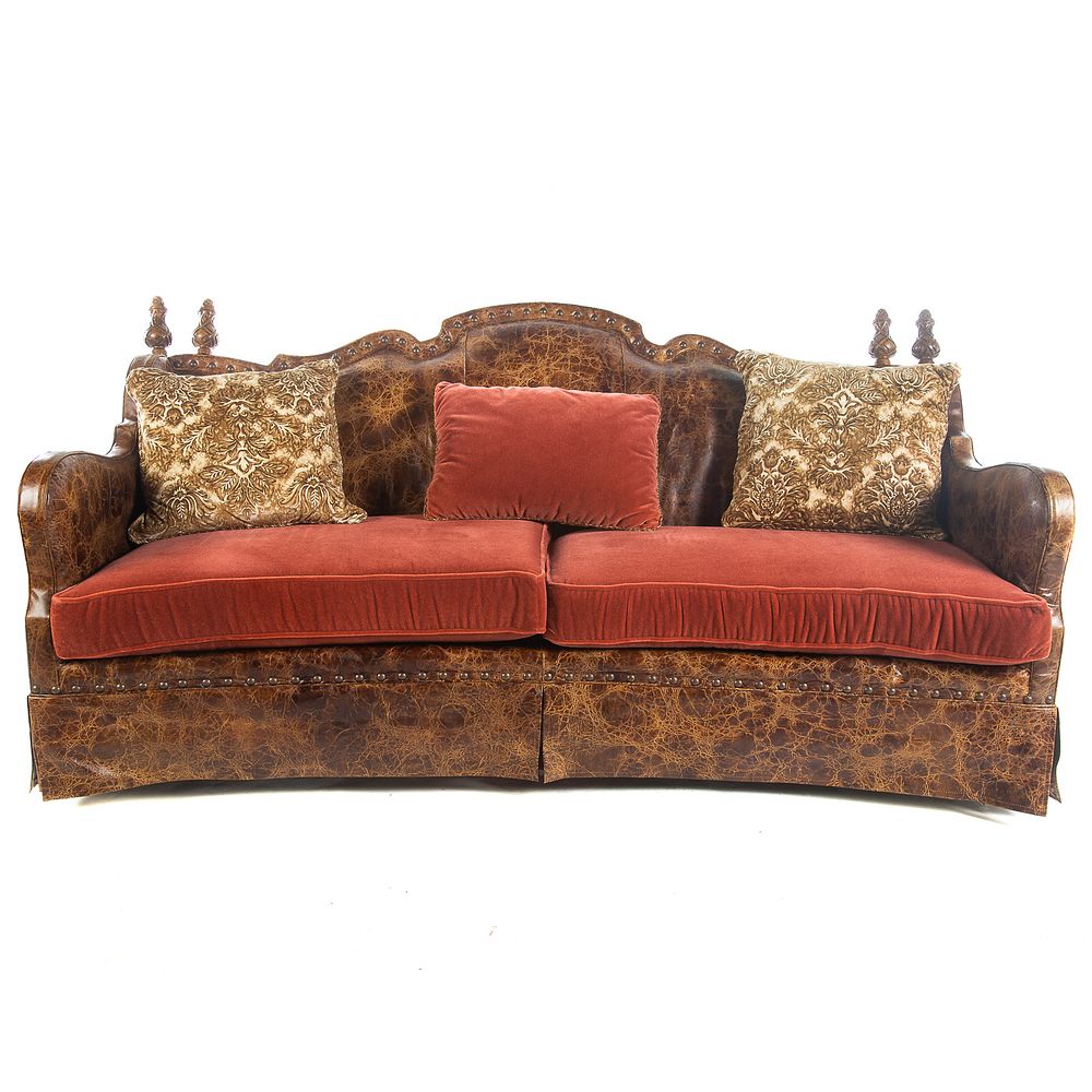 Appraisal: Century Leather Upholstered Sofa Leather upholstered frame with velvet style