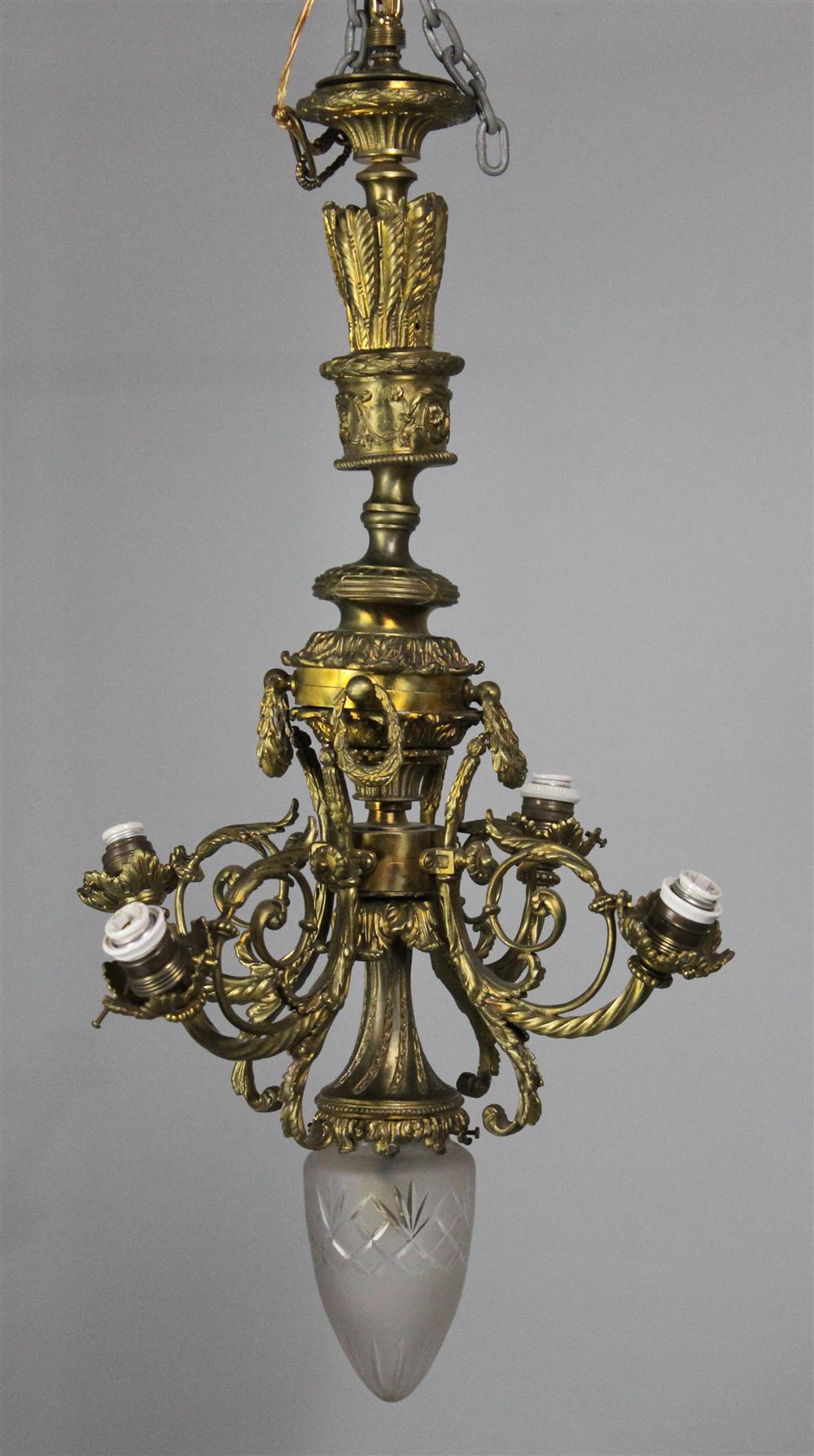 Appraisal: VICTORIAN GILT BRONZE ETCHED AND GLASS FIVE GLOBE CHANDELIER h