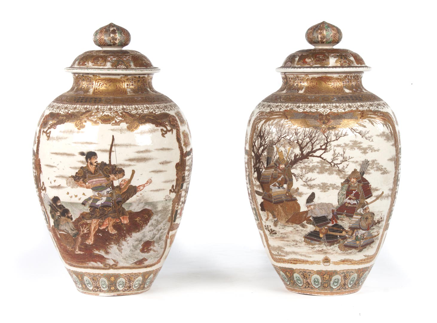 Appraisal: Pair Japanese Satsuma earthenware palace jars late th early th