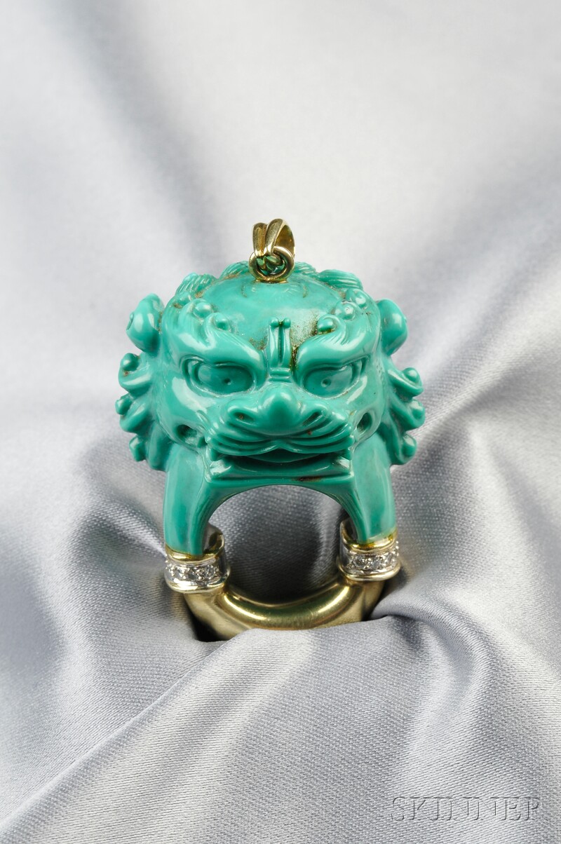 Appraisal: kt Gold Carved Turquoise and Diamond Pendant carved to depict