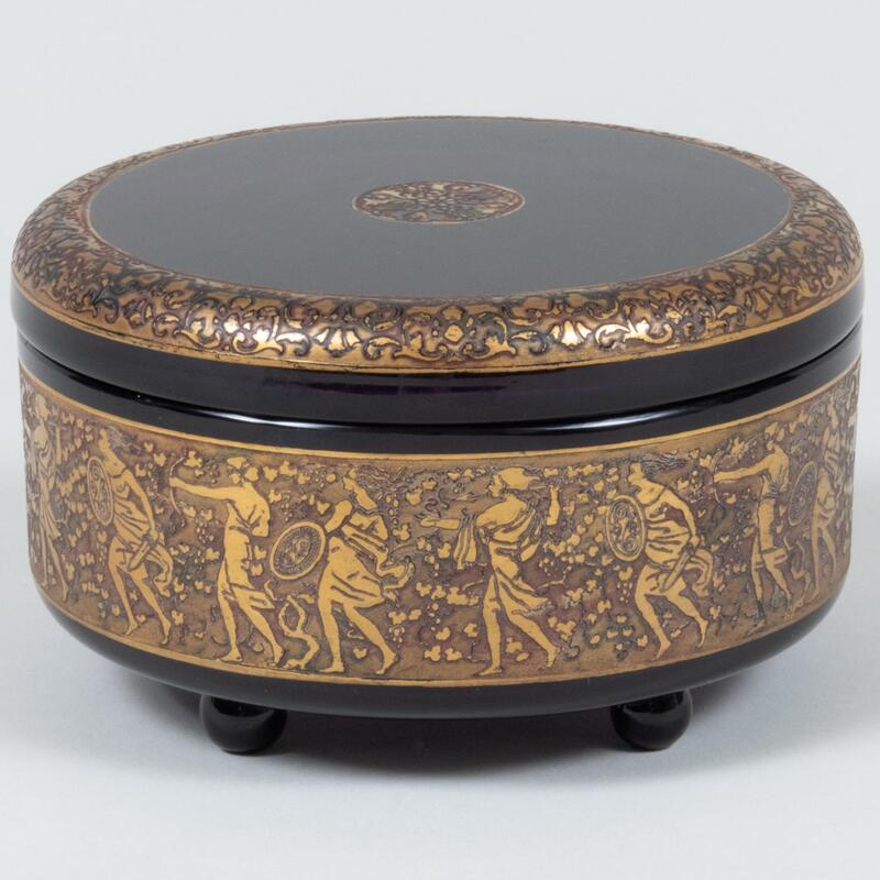 Appraisal: Moser Gilt-Decorated Amethyst Glass Box and Cover Incised signature x