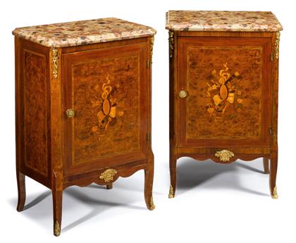 Appraisal: Pair of Louis XVI style mahogany burl walnut and bronze